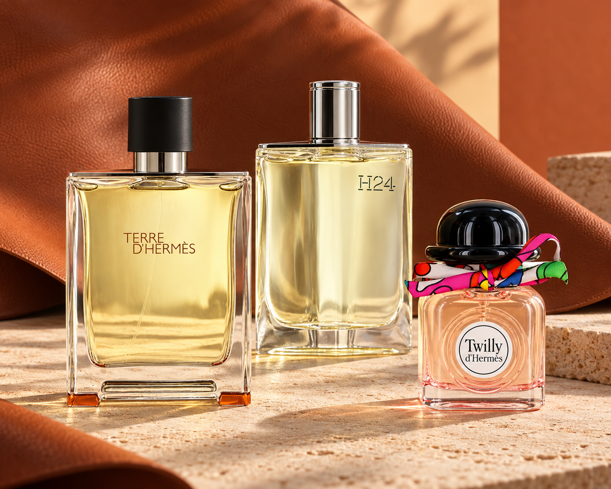 Hermès Terre d’Hermès, H24 and Twilly d’Hermès bottles on warm stone with cognac leather.