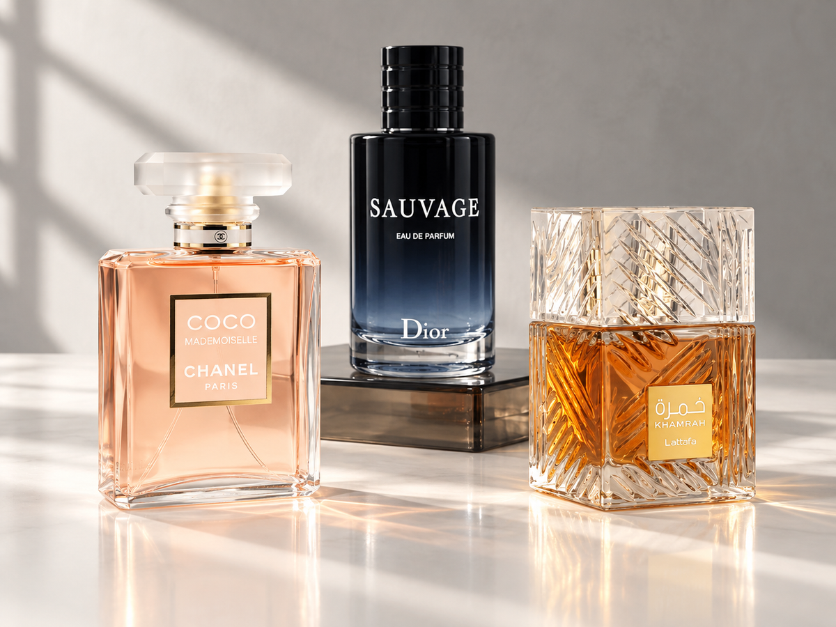 Chanel Coco Mademoiselle, Dior Sauvage and Lattafa Khamrah in a clean ivory fragrance composition