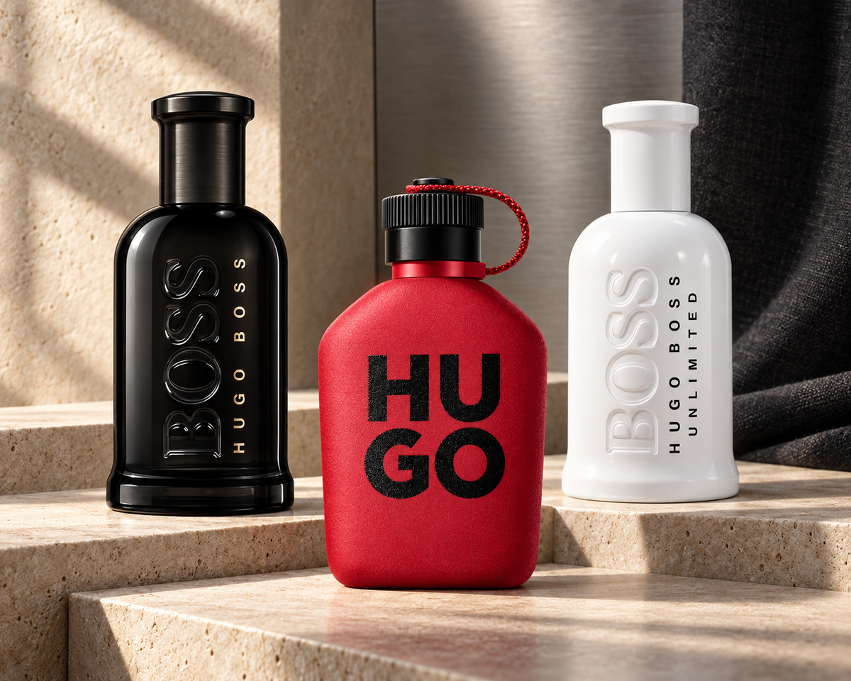 Hugo Boss Bottled Parfum, Hugo Intense and Bottled Unlimited bottles in a camel stone and brushed steel setting.