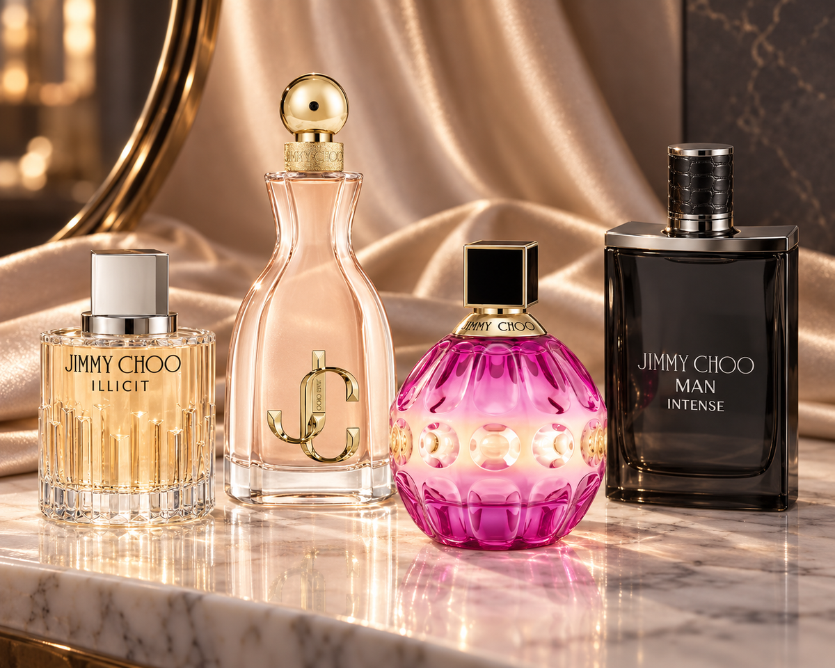 Jimmy Choo I Want Choo, Illicit, Rose Passion and Man Intense bottles in a champagne-satin evening setting.