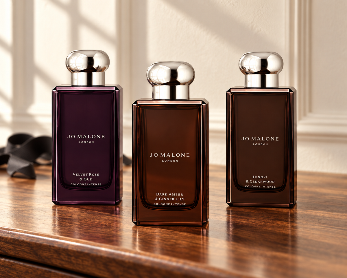 Jo Malone London Velvet Rose and Oud, Dark Amber and Ginger Lily, and Hinoki and Cedarwood bottles on warm walnut.