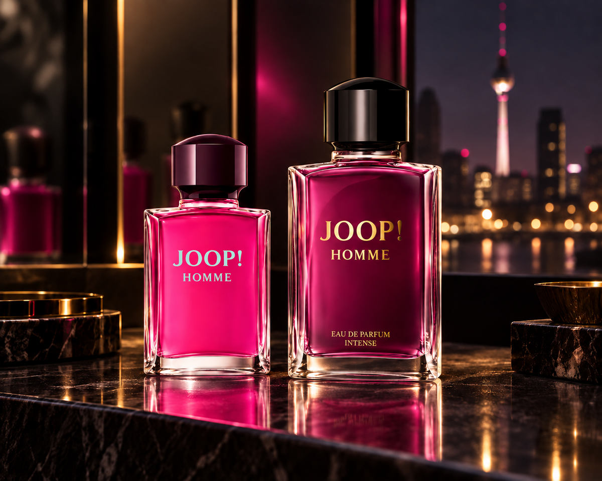 Joop Homme Eau de Toilette and Eau de Parfum Intense bottles in vivid pink and deep wine glass in a polished Berlin night setting.
