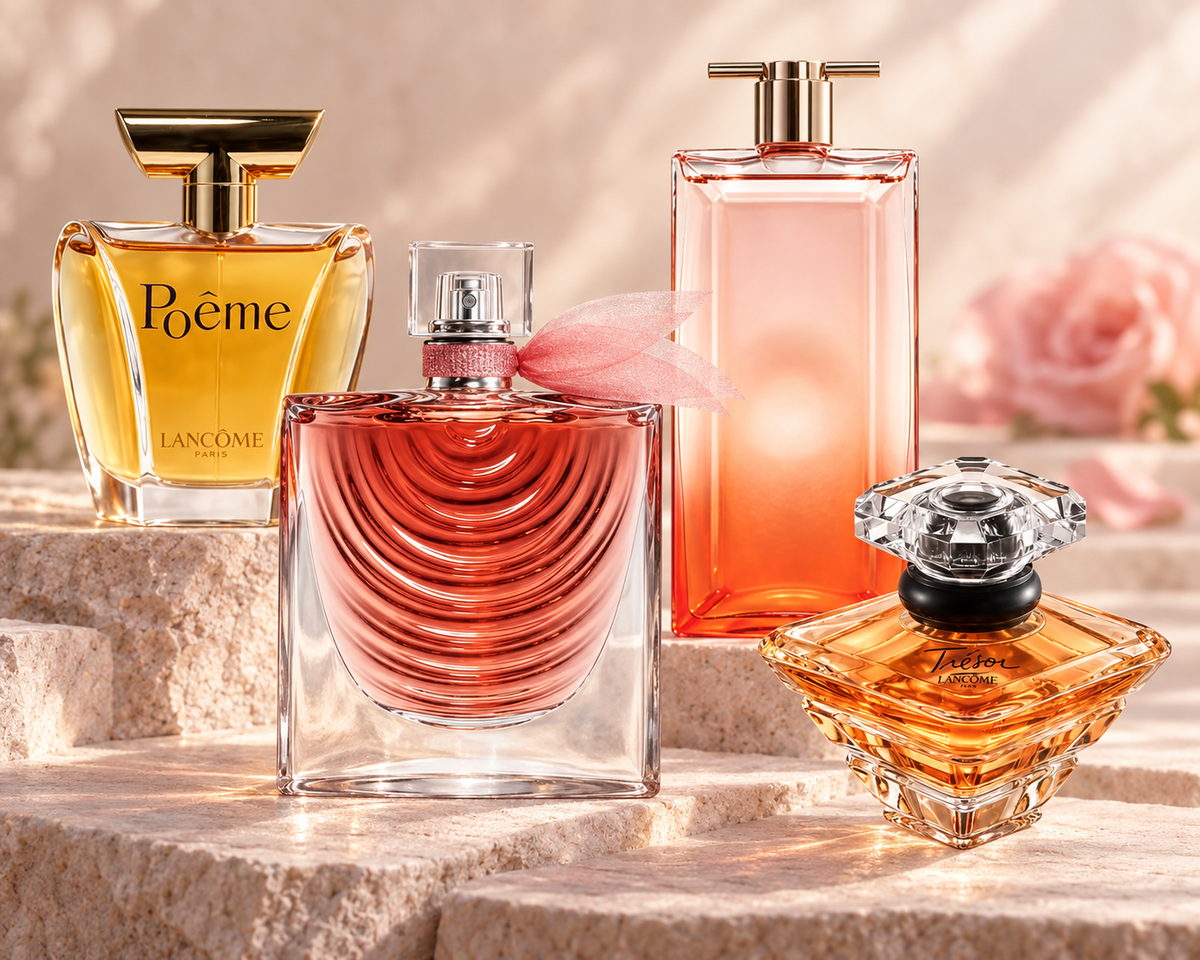 Lancome Poeme, La Vie Est Belle Iris Absolu, Idole Now and Tresor bottles on pale rose stone