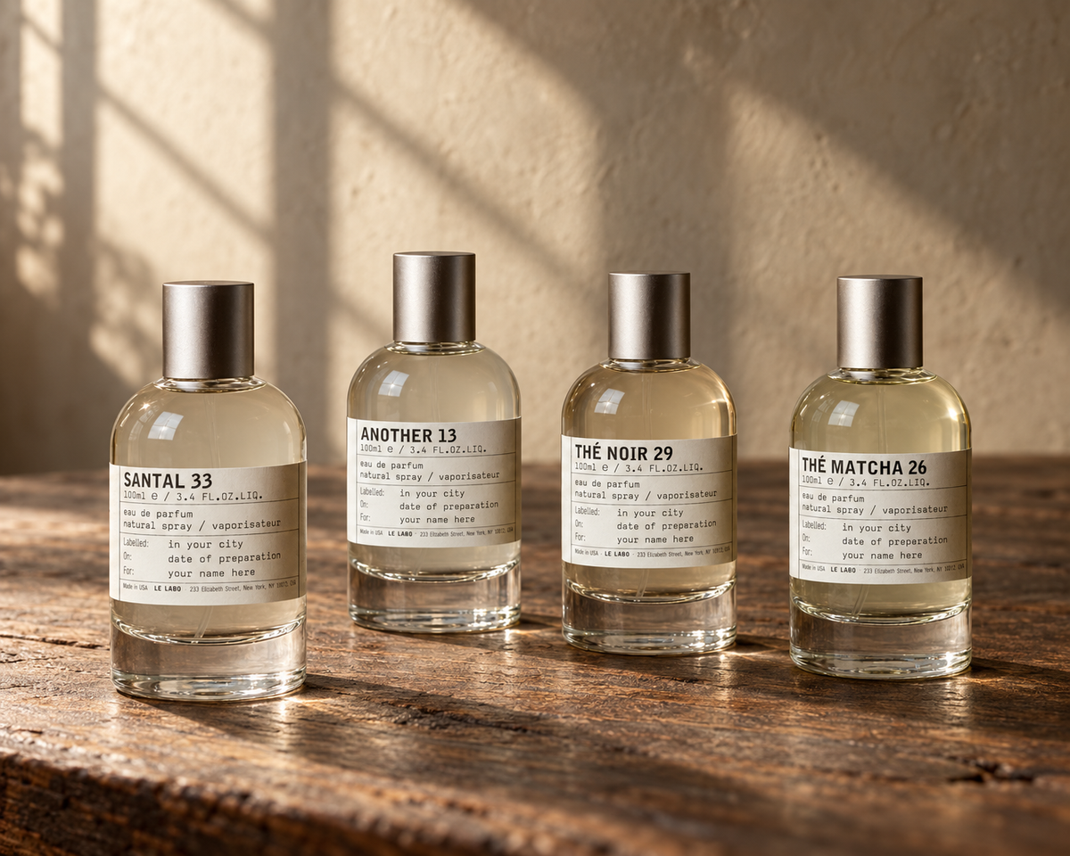 Le Labo Santal 33, Another 13, Thé Noir 29 and Thé Matcha 26 bottles on aged oak in a softly lit perfumer’s atelier.
