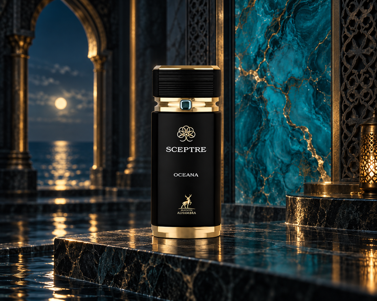 Maison Alhambra Sceptre Oceana black-and-gold bottle with turquoise gemstone detail in a moonlit oceanic palace gallery.