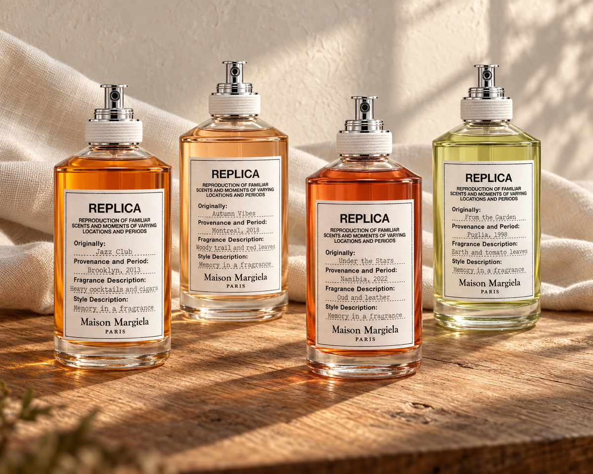 Maison Margiela REPLICA Jazz Club, Autumn Vibes, Under the Stars and From the Garden bottles with ivory linen and warm wood.