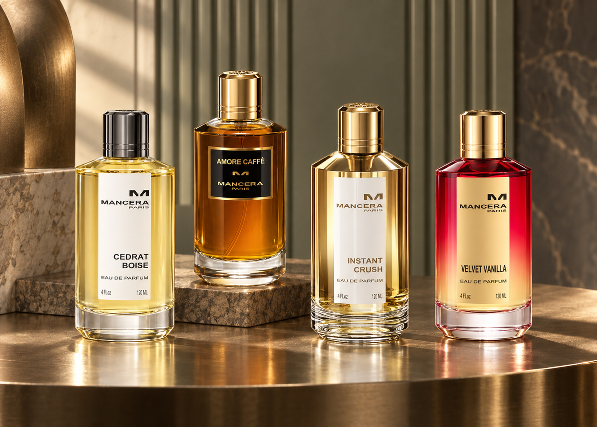 Mancera Cedrat Boise, Amore Caffè, Instant Crush and Velvet Vanilla bottles with olive-grey and satin-bronze details.