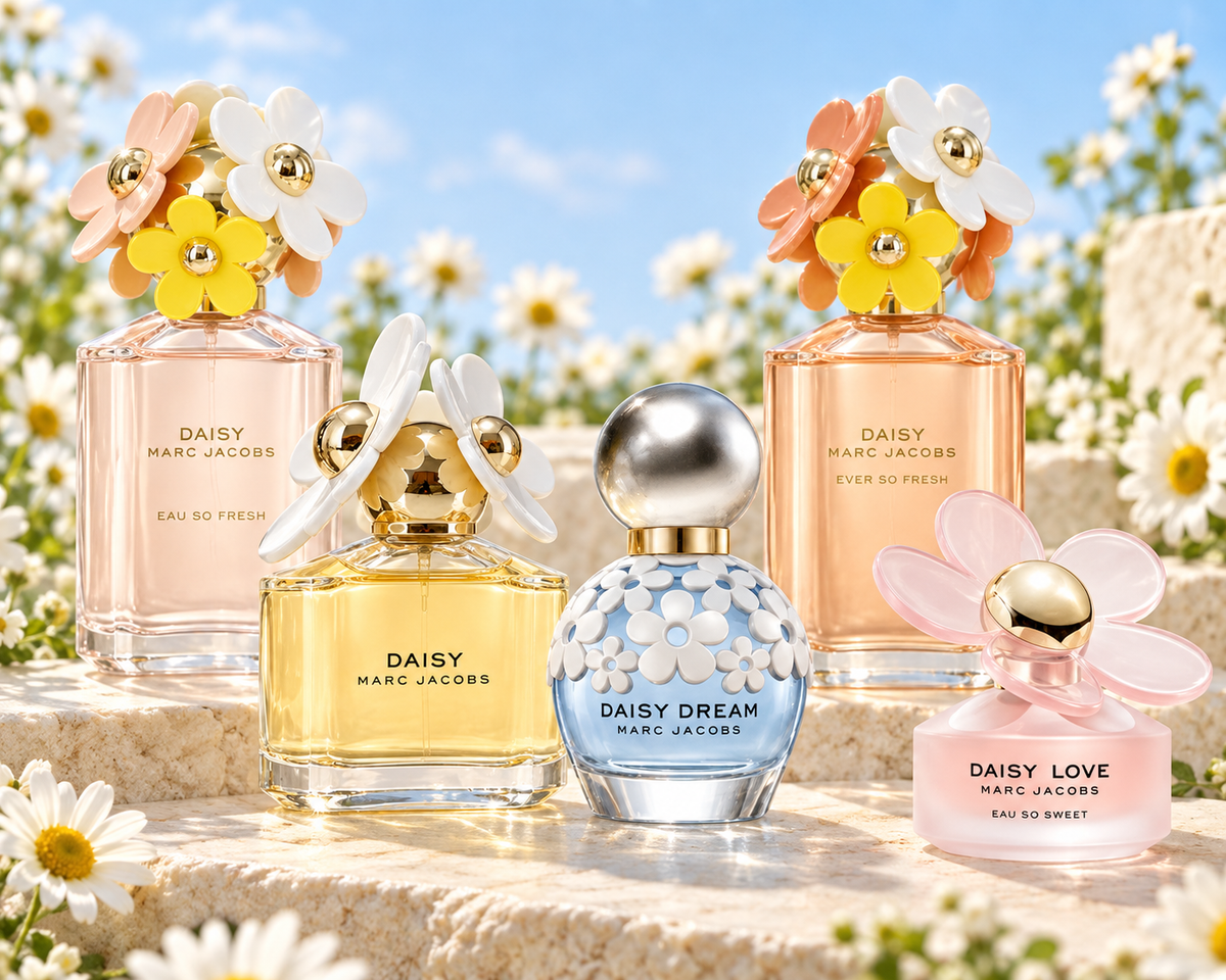 Five Marc Jacobs Daisy fragrance bottles in a sunlit setting of cream stone, blue sky and daisies.