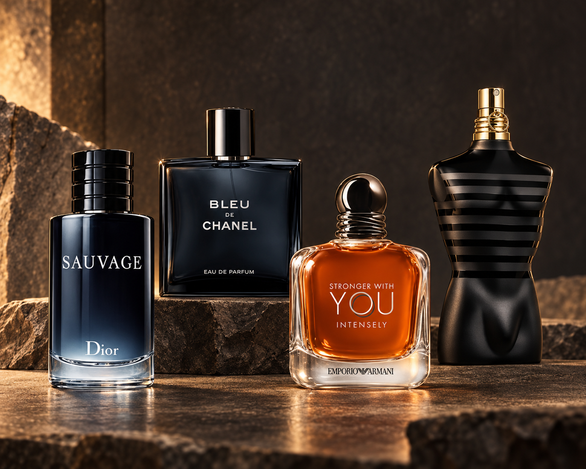 Dior Sauvage, Bleu de Chanel, Armani Stronger With You Intensely and Jean Paul Gaultier Le Male Le Parfum bottles