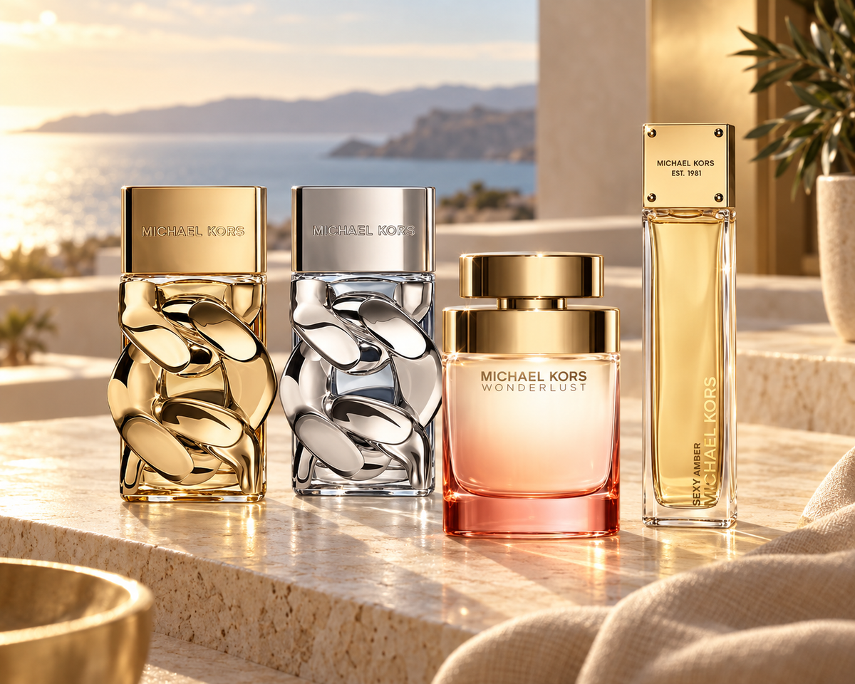 Michael Kors Pour Femme, Pour Homme, Wonderlust and Sexy Amber bottles on sunlit ivory travertine with warm gold accents.
