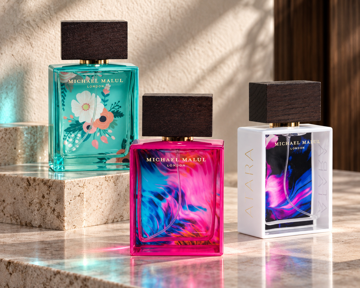 Michael Malul Joie de Vie Limited, Electric Heart and Atara bottles with turquoise, fuchsia and white glass on pale gallery stone.