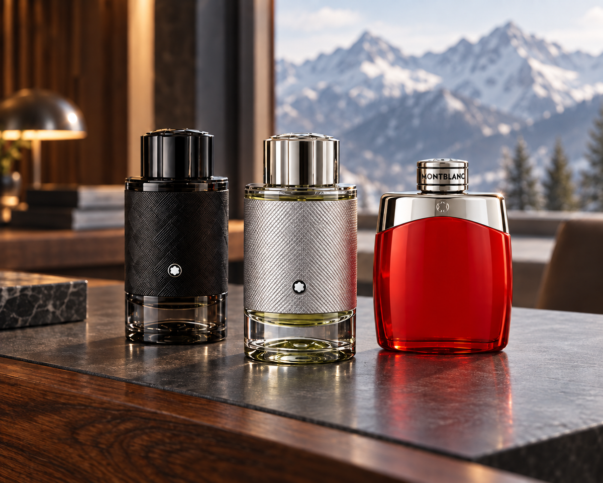 Explorer Extreme, Explorer Platinum and Legend Red bottles from Montblanc gift sets on walnut and graphite stone.