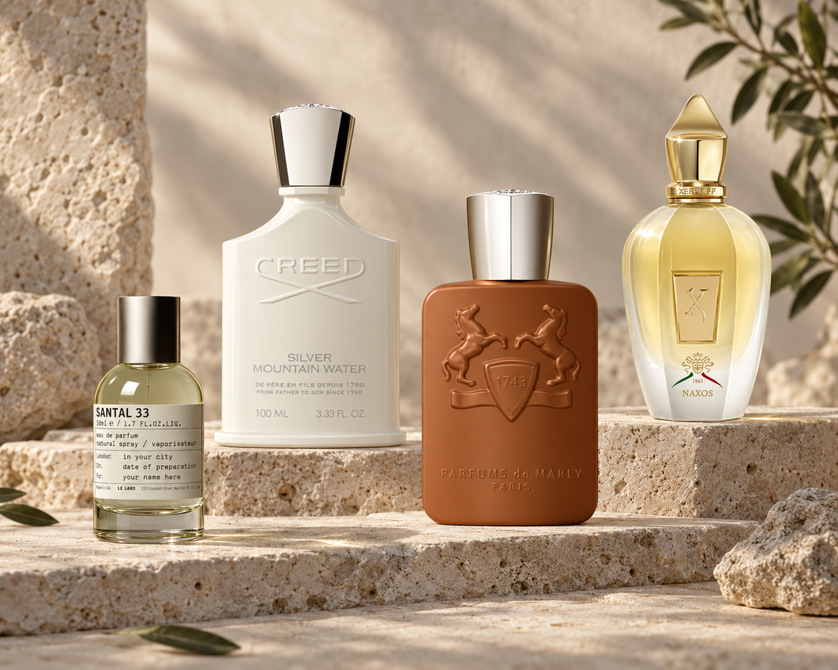 Le Labo Santal 33, Creed Silver Mountain Water, Parfums de Marly Althaïr and Xerjoff Naxos bottles