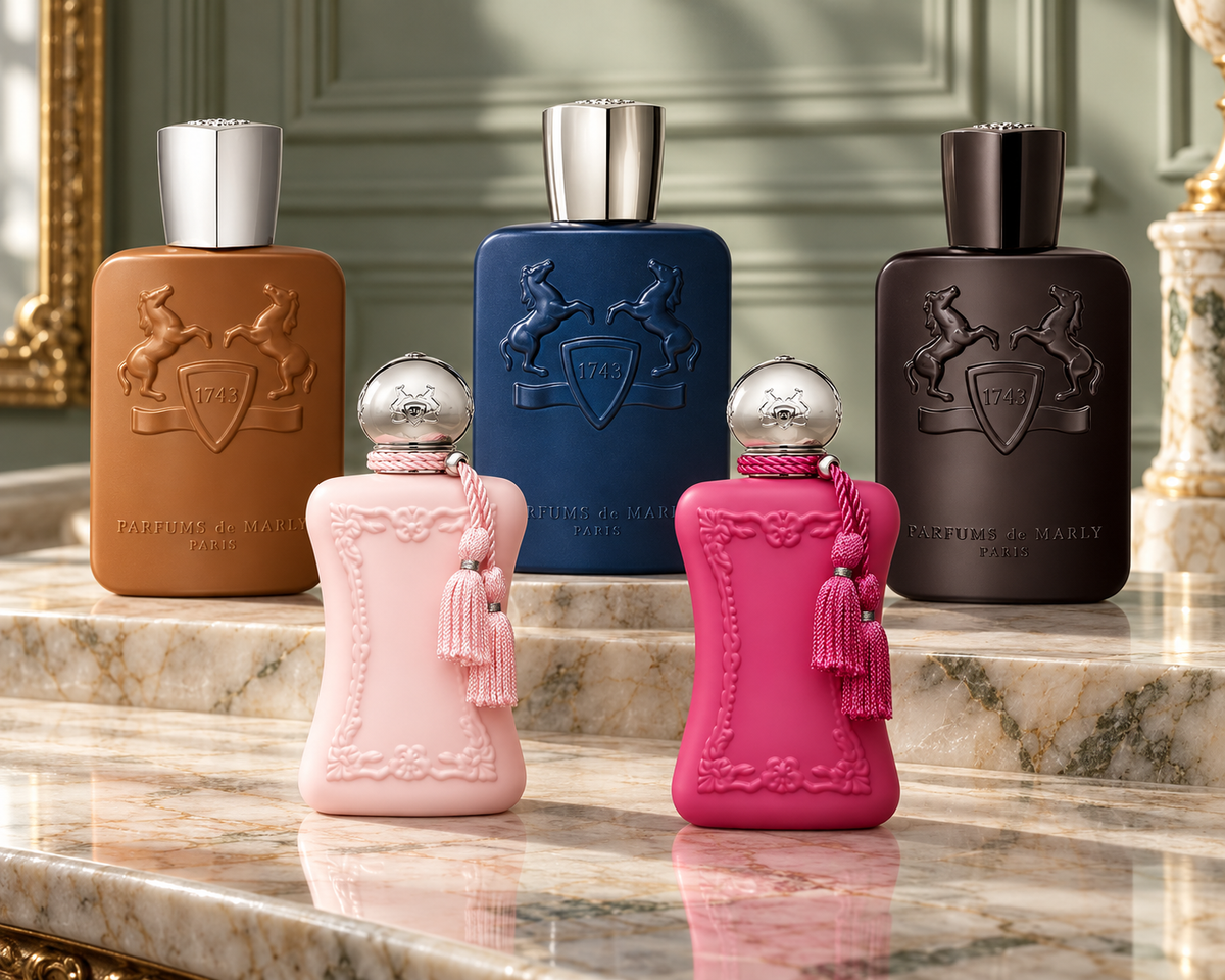 Parfums de Marly Althaïr, Layton, Herod, Delina and Oriana bottles against sage panelling and ivory marble.
