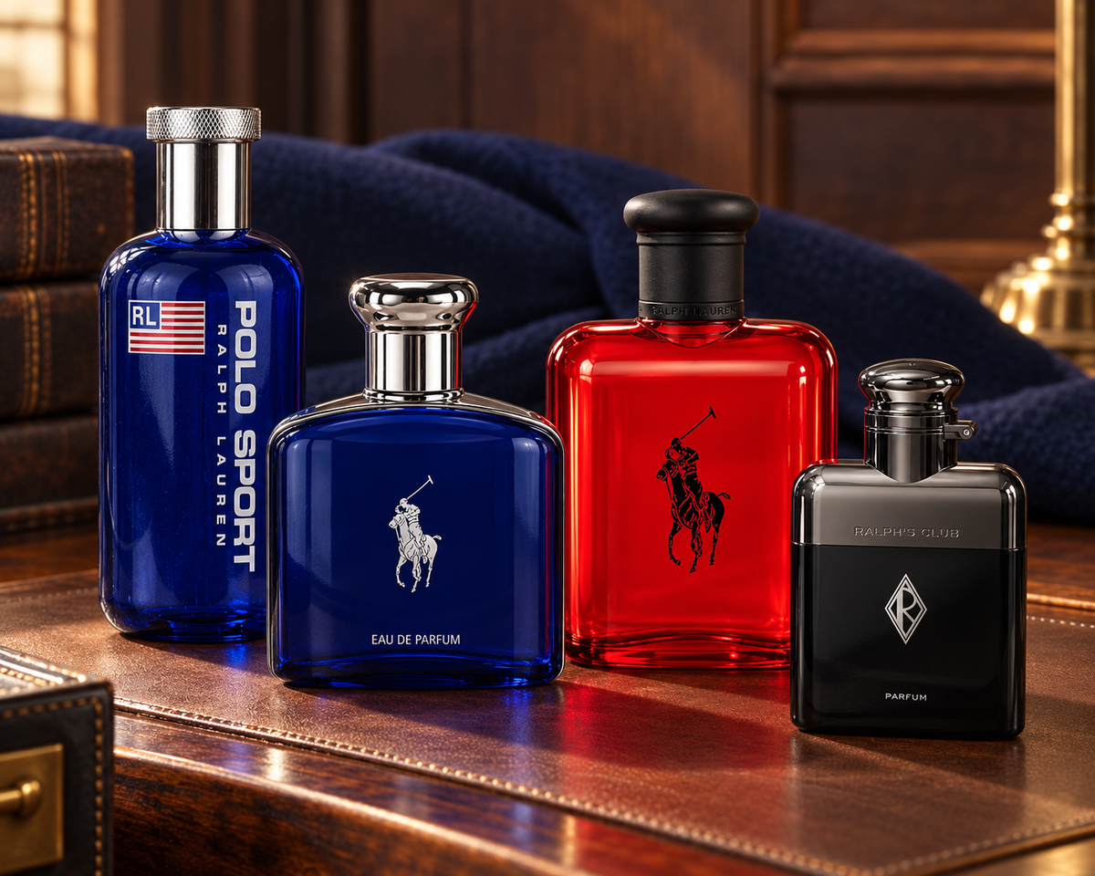 Ralph Lauren Polo Sport, Polo Blue Eau de Parfum, Polo Red and Ralph’s Club Parfum bottles on polished wood with navy tailoring.
