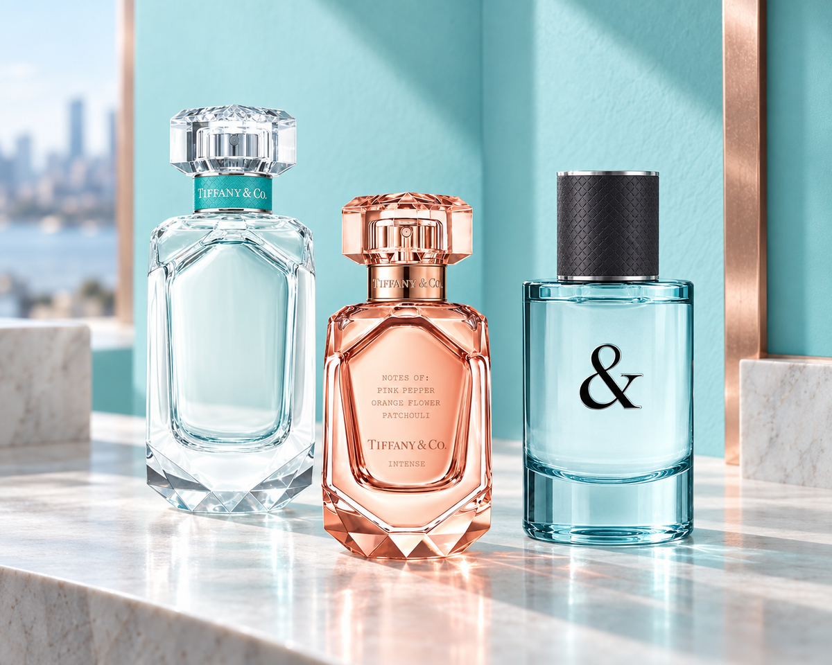 Three Tiffany perfume bottles—Eau de Parfum, Rose Gold Intense and Love for Him—in a Tiffany-blue jewellery atelier.