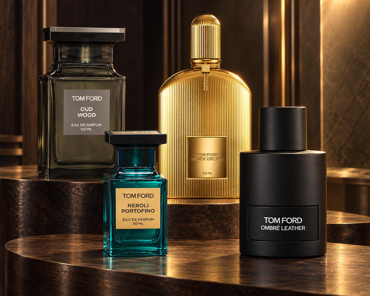 Tom Ford Oud Wood, Ombré Leather, Black Orchid Parfum and Neroli Portofino bottles on dark walnut