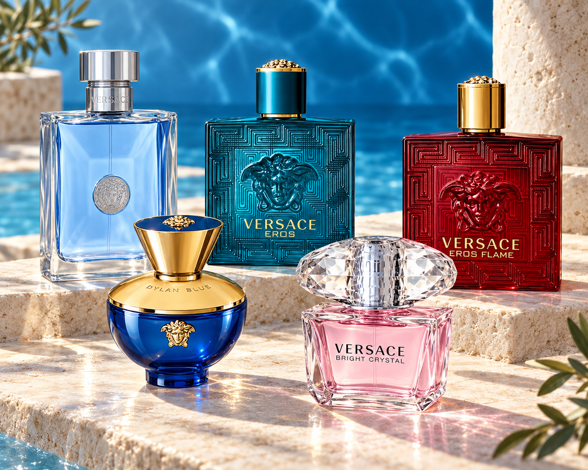 Versace Eros, Pour Homme, Dylan Blue Pour Femme, Bright Crystal and Eros Flame on sunlit travertine