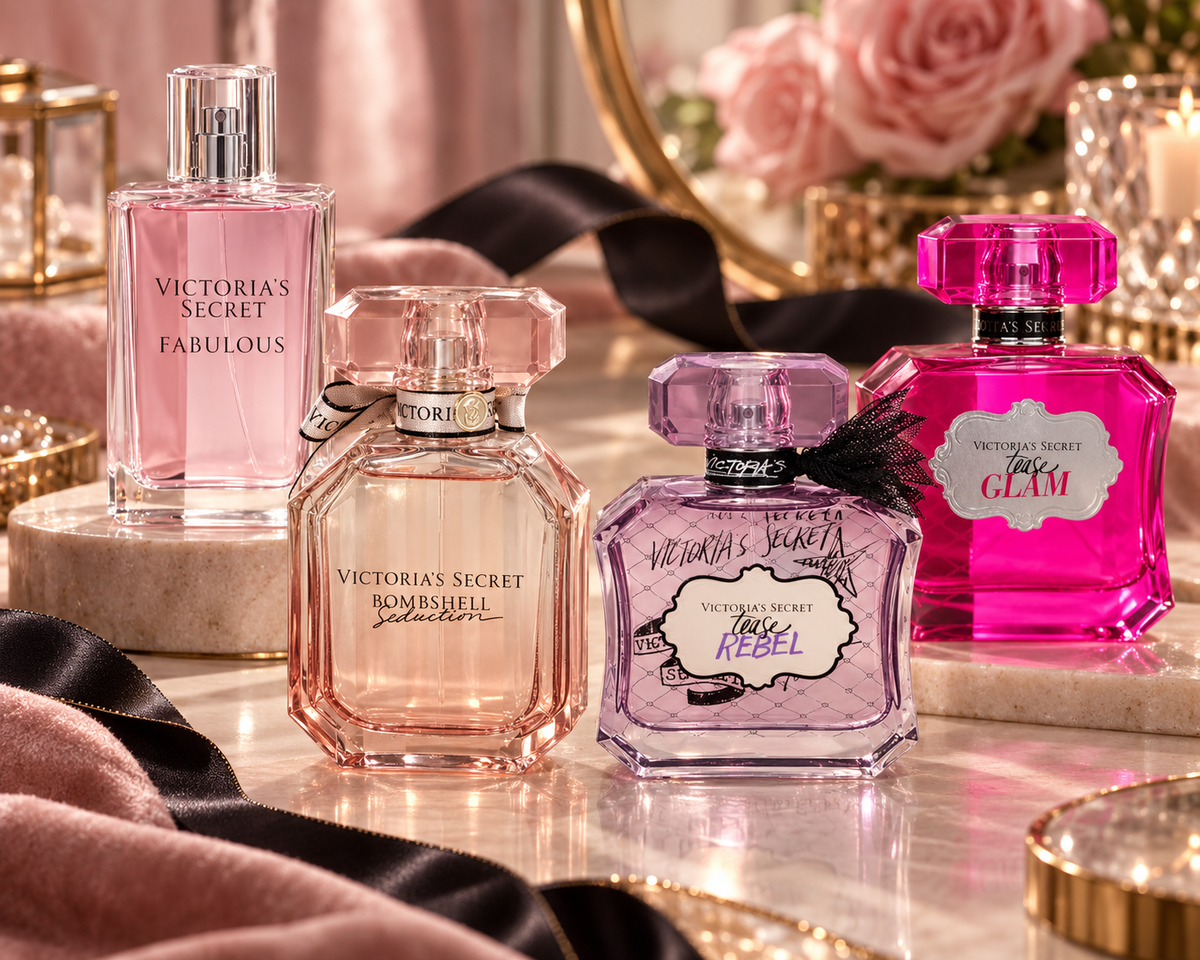 Victoria’s Secret Fabulous, Bombshell Seduction, Tease Rebel and Tease Glam bottles with blush velvet and soft rose light.