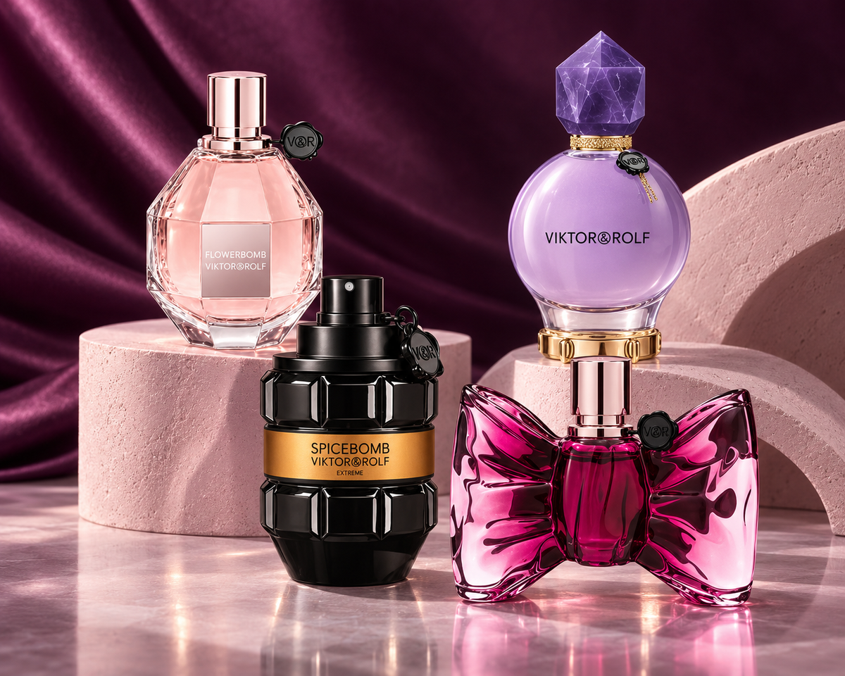 Viktor and Rolf Flowerbomb, Spicebomb Extreme, Bonbon and Good Fortune bottles against deep plum and sculptural blush.