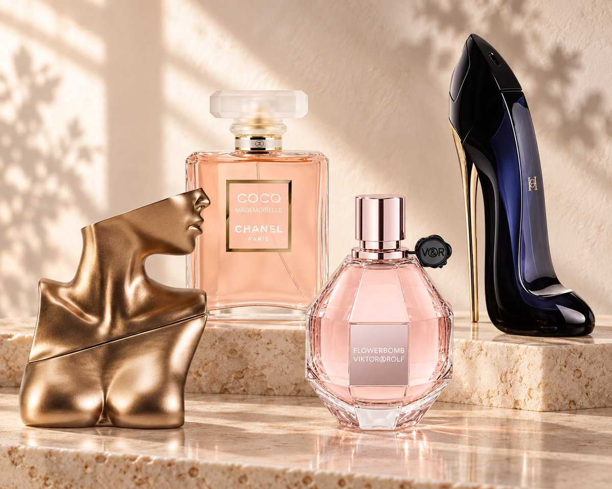 Billie Eilish Eilish, Chanel Coco Mademoiselle, Viktor and Rolf Flowerbomb and Carolina Herrera Good Girl perfume bottles
