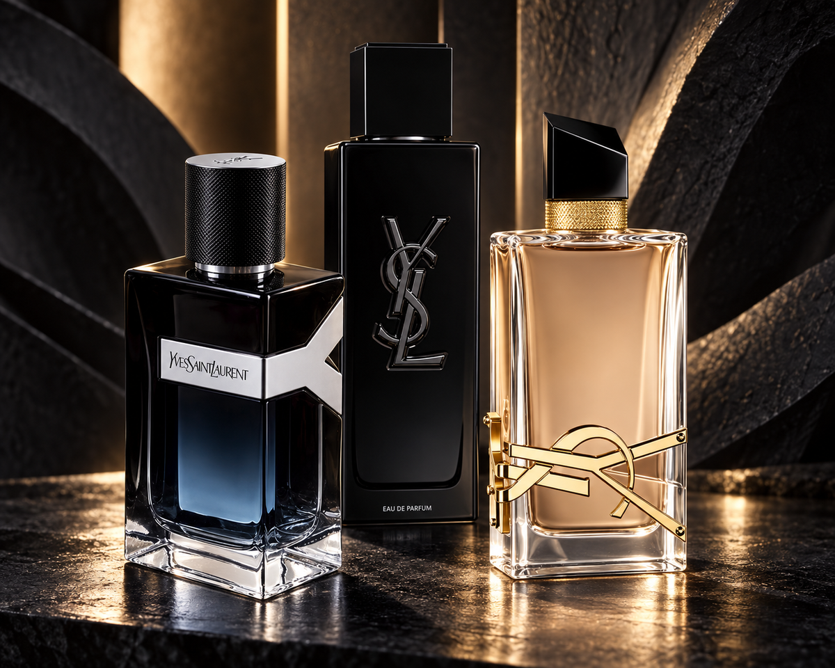 Yves Saint Laurent Y, MYSLF and Libre Flowers and Flames bottles in a black-and-gold architectural setting