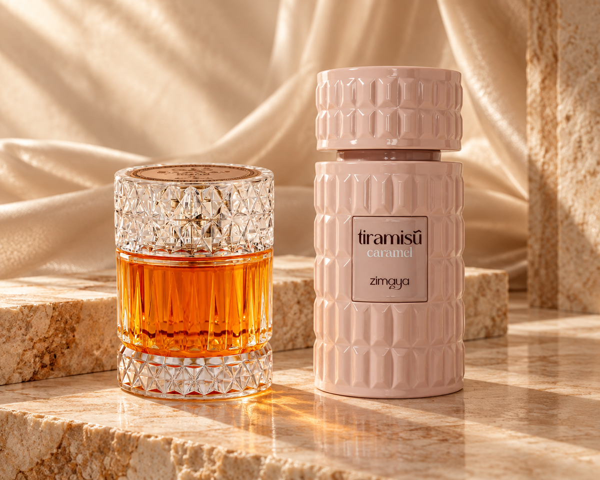 Zimaya Sharaf Blend and Tiramisu Caramel bottles in a caramel and champagne setting.