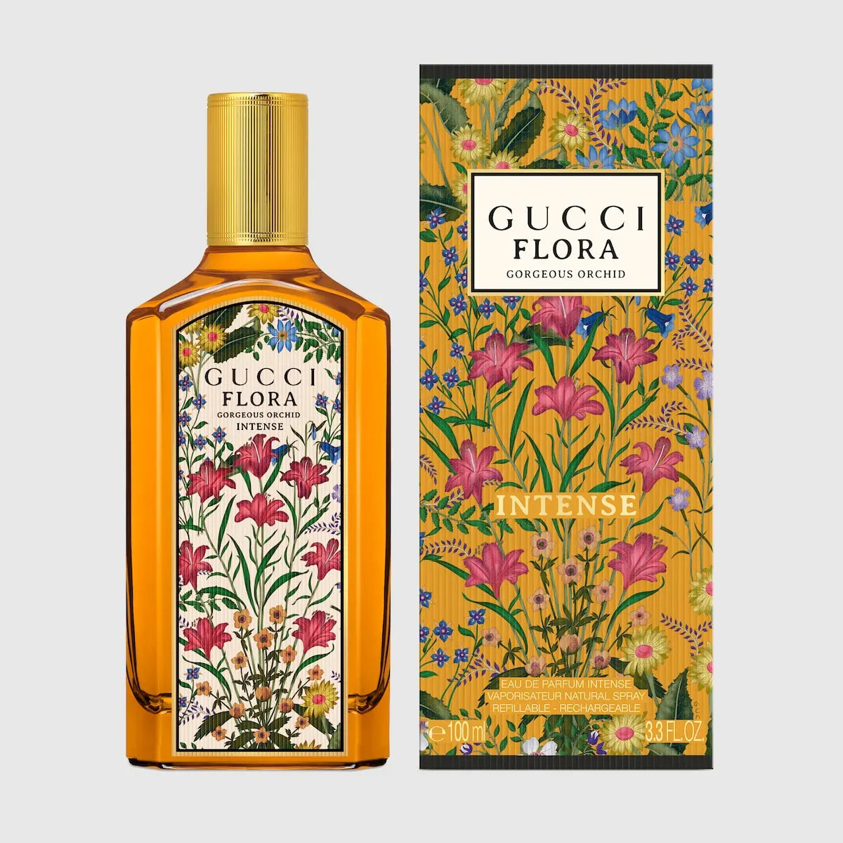 Gucci Flora Gorgeous Orchid EDP Intense 100ml bottle and gold Flora box