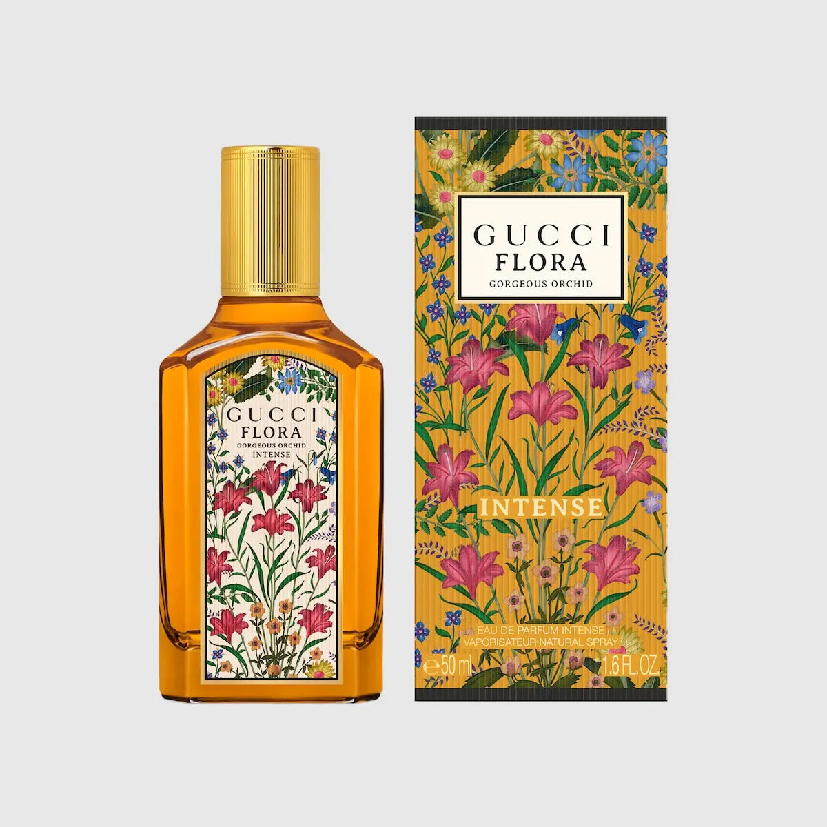 Gucci Flora Gorgeous Orchid EDP Intense 50ml bottle and gold Flora box
