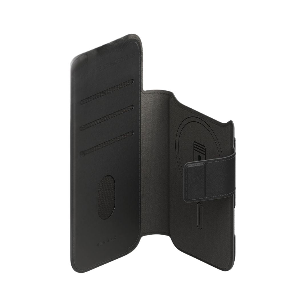 iPhone 17 pro Black phone case with a stand feature on a white background