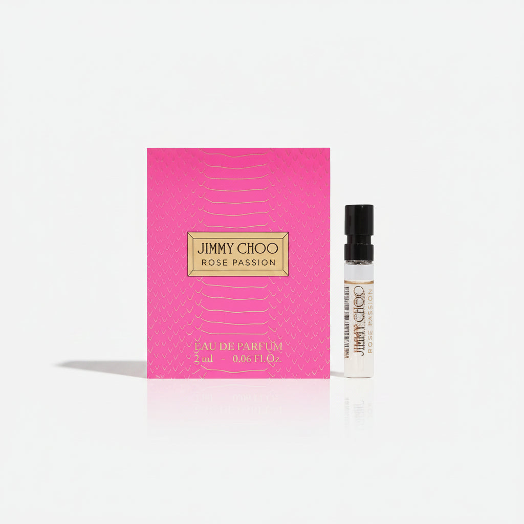 Jimmy Choo Rose Passion EDP 2ml sample vial on carding, featuring a solar floral scent with coconut milk and orchid.
