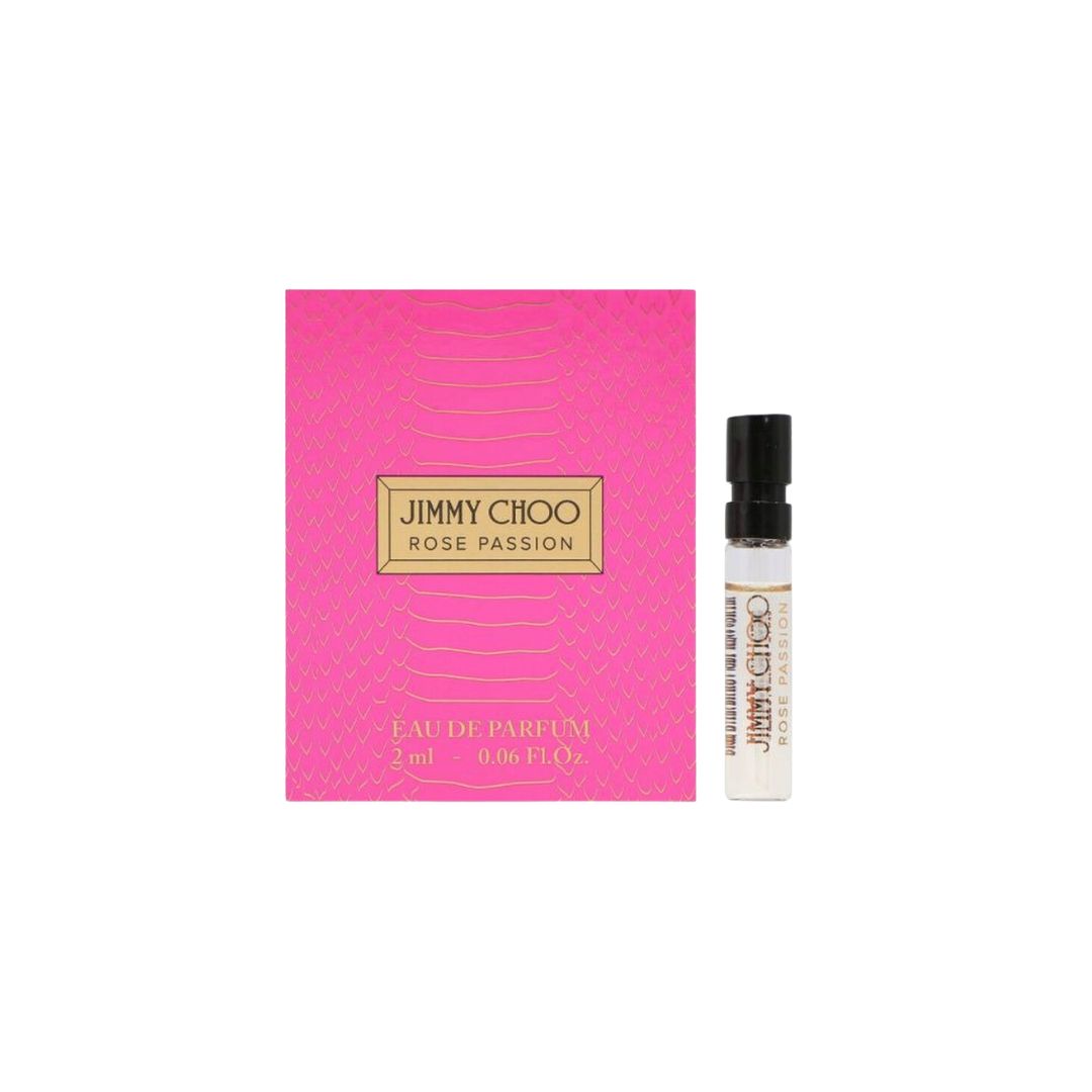 Jimmy Choo Rose Passion EDP 2ml sample vial on carding, featuring a solar floral scent with coconut milk and orchid.