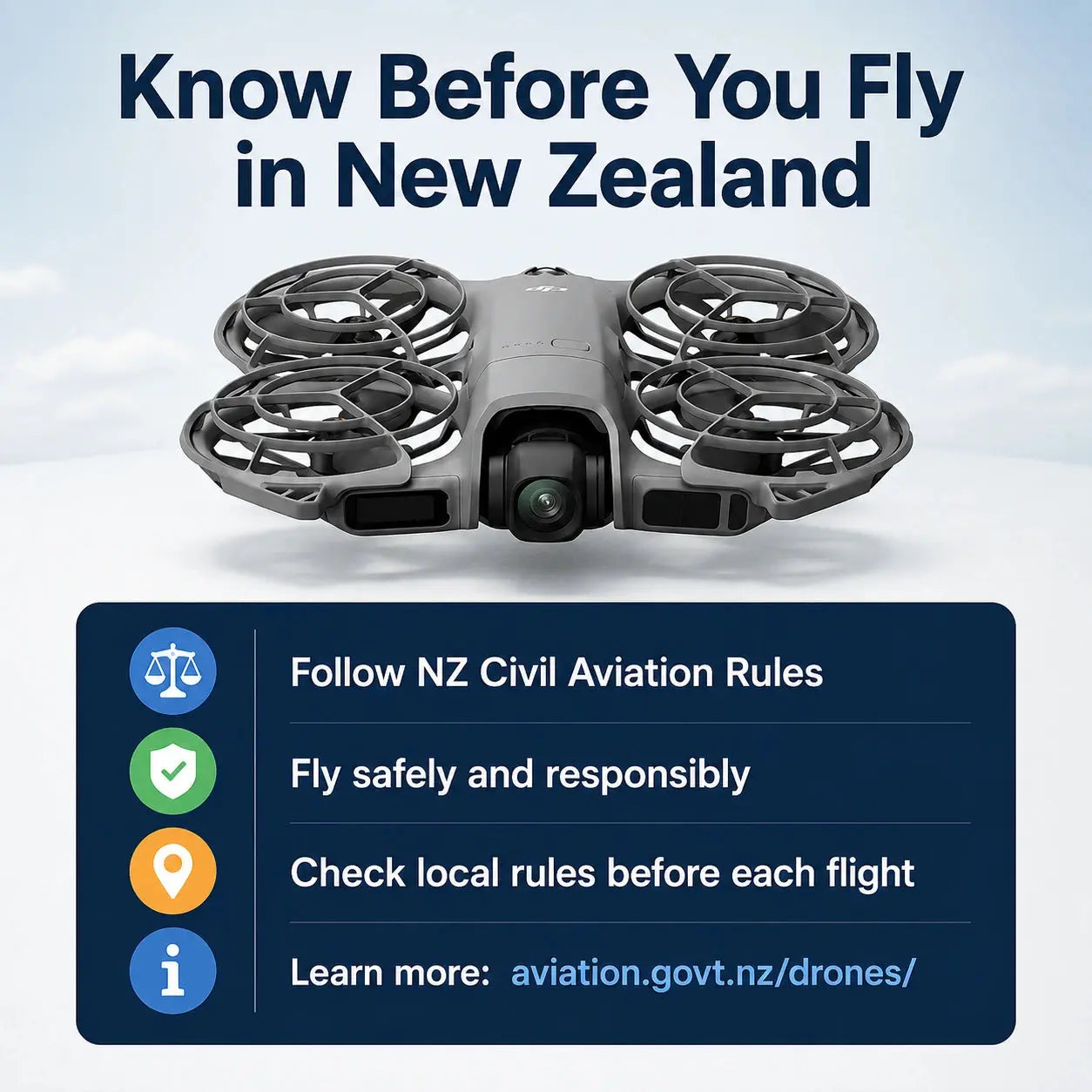Drone with text about flying rules in New Zealand on a blue background