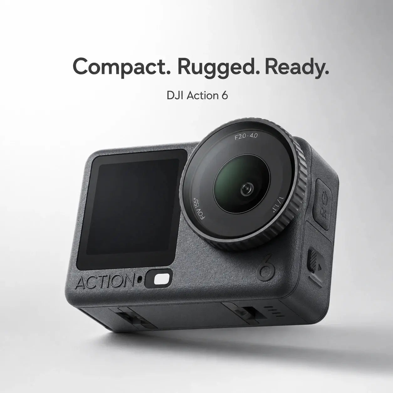 DJI Action 6 action camera on a white background with text 'Compact. Rugged. Ready.'