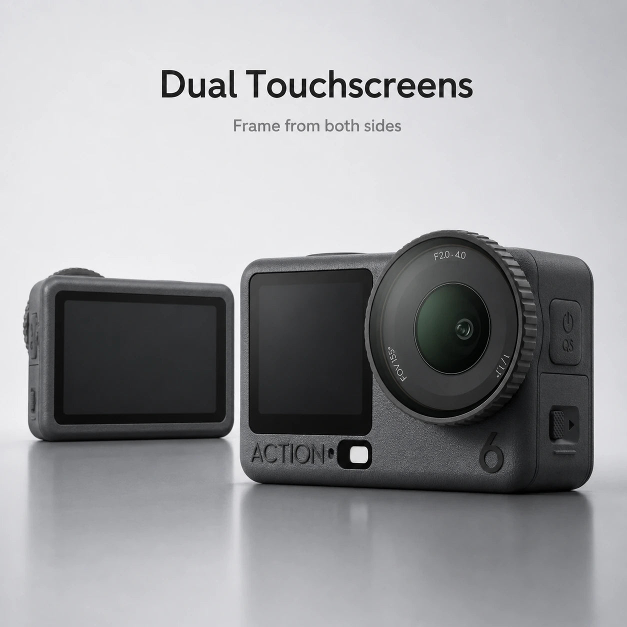 Action camera with dual touchscreens on a gray background at Gadgets Online NZ LTD