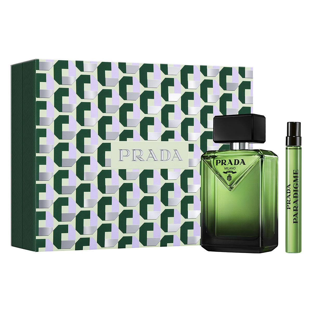 Prada Paradigme Eau de Parfum gift set — 100ml bottle, 10ml travel spray and green gift box