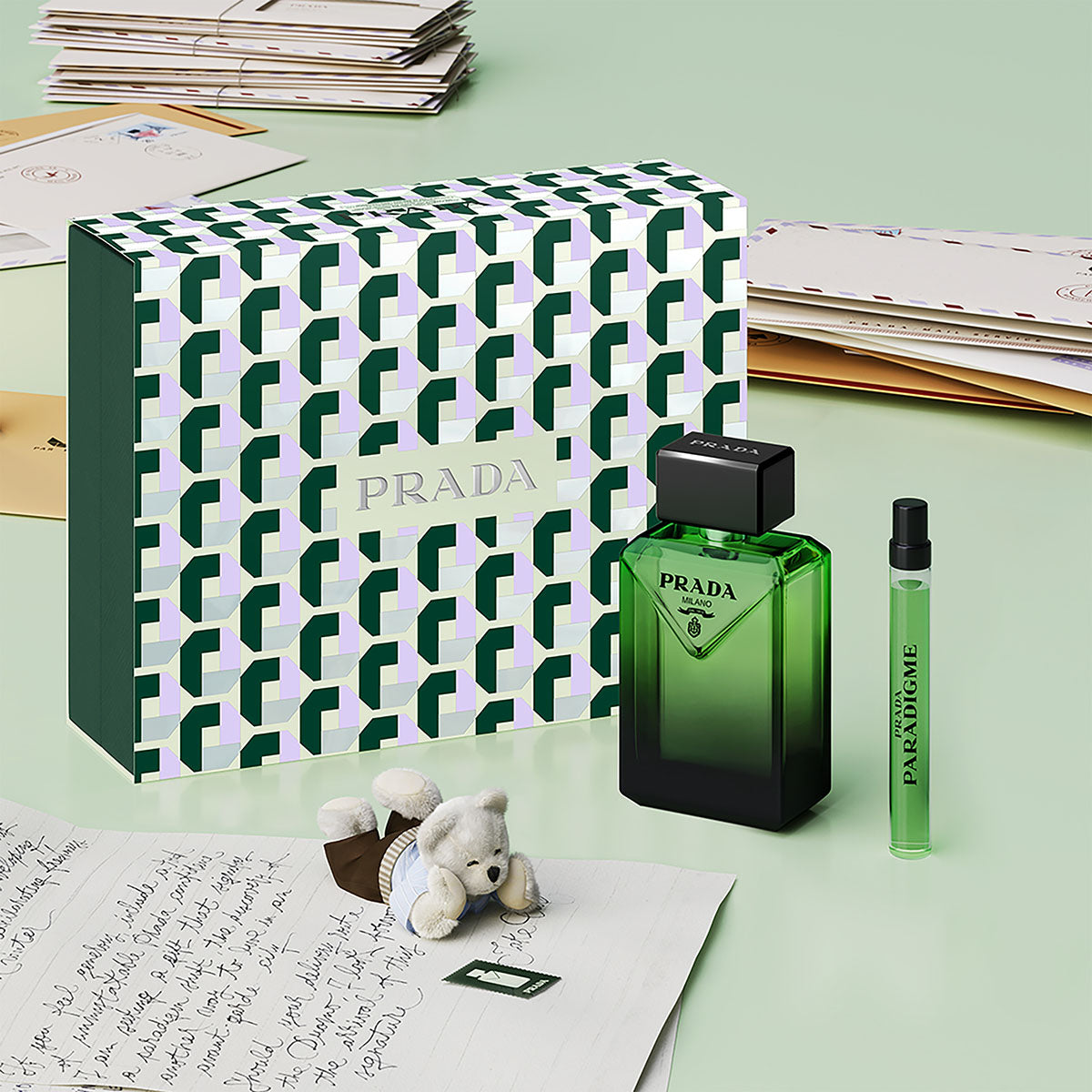 Prada Paradigme gift-set campaign presentation; decorative props are not included