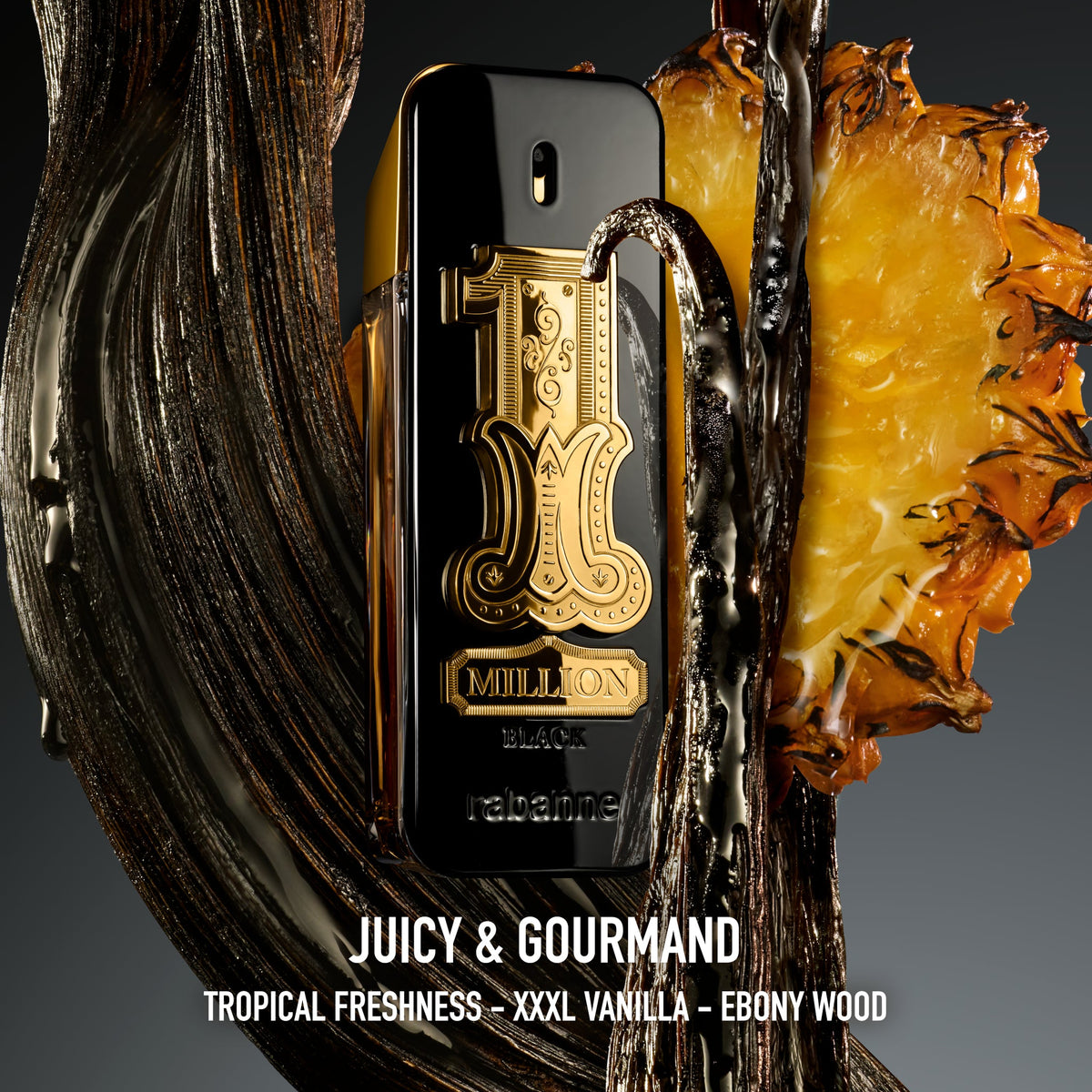 Rabanne 1 Million Black fragrance notes — tropical freshness, vanilla and ebony wood