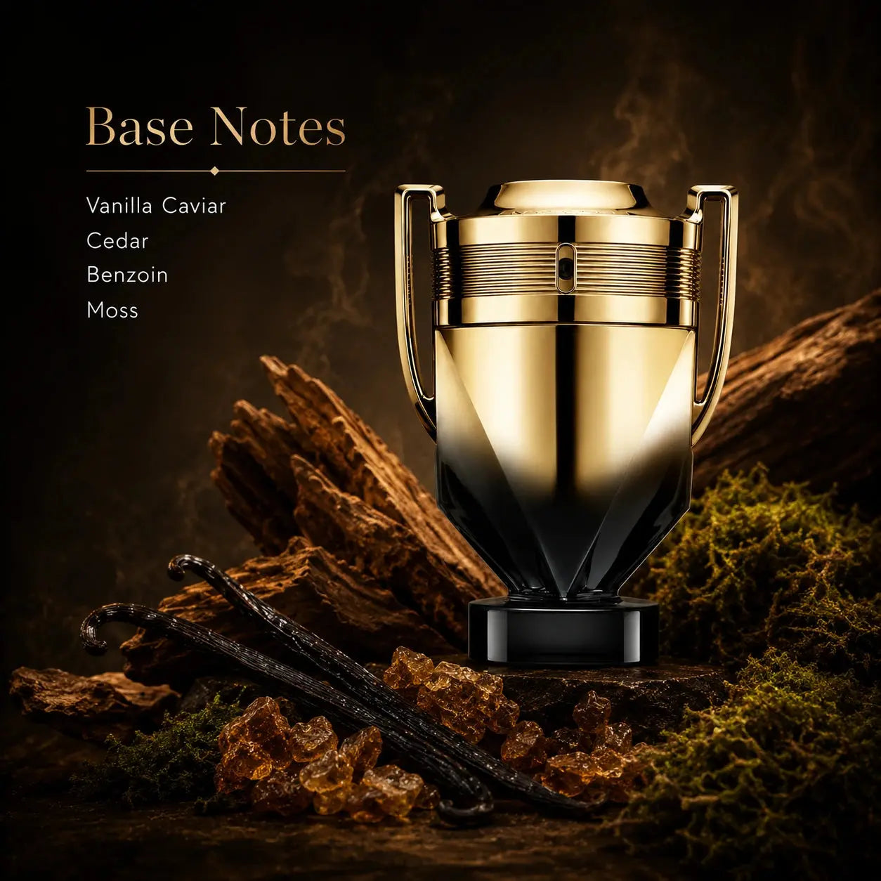 Gold and black perfume bottle with vanilla beans and moss on a dark background