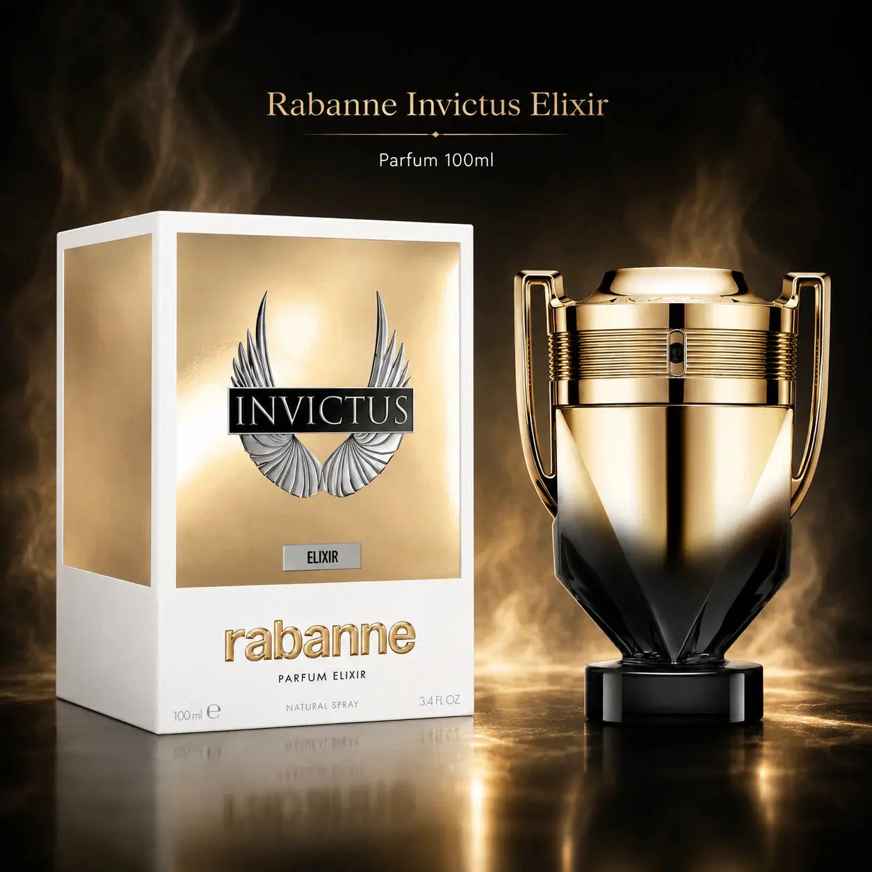 Rabanne Invictus Elixir perfume bottle and packaging on a dark background