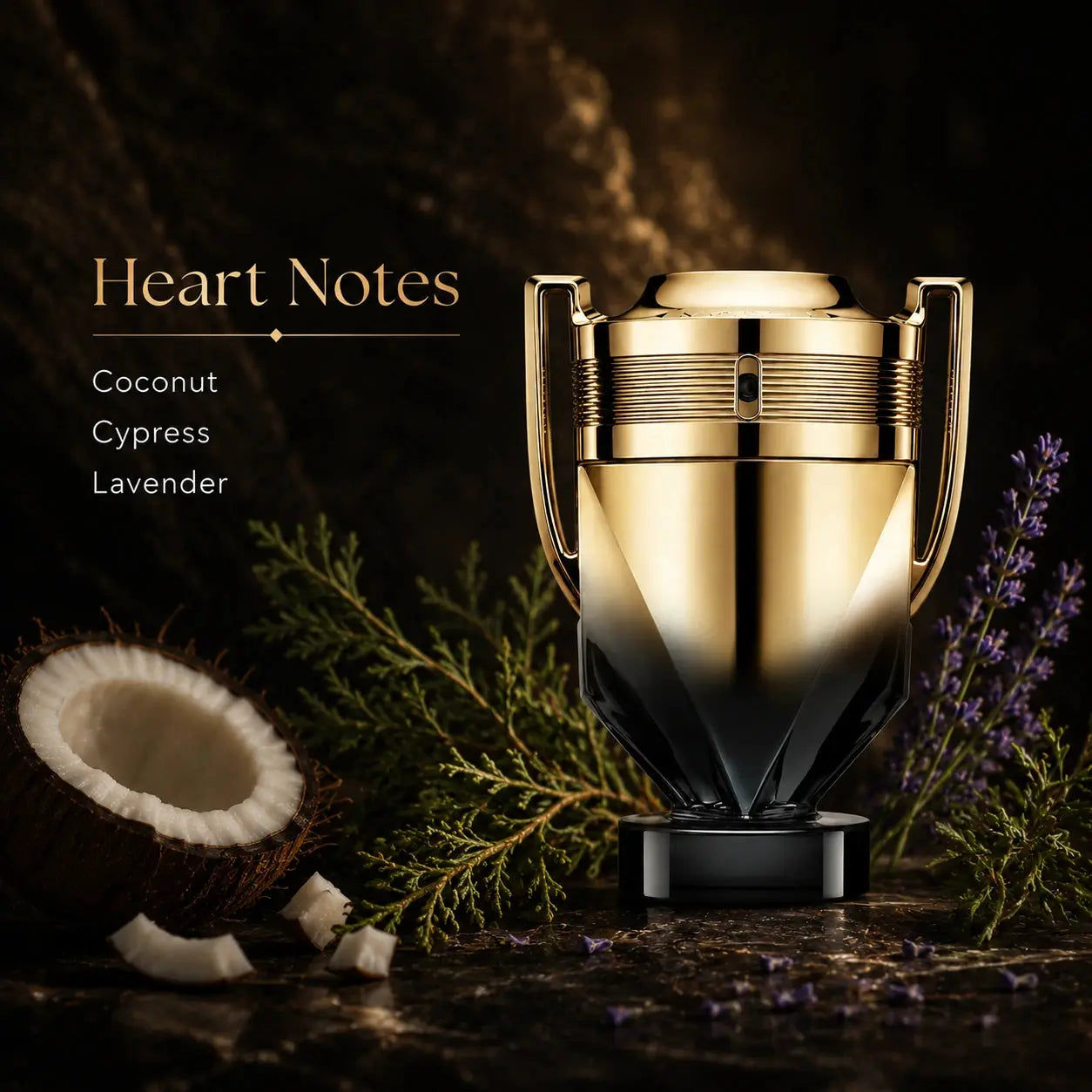 Gold and black perfume bottle with coconut, cypress, and lavender elements on a dark background