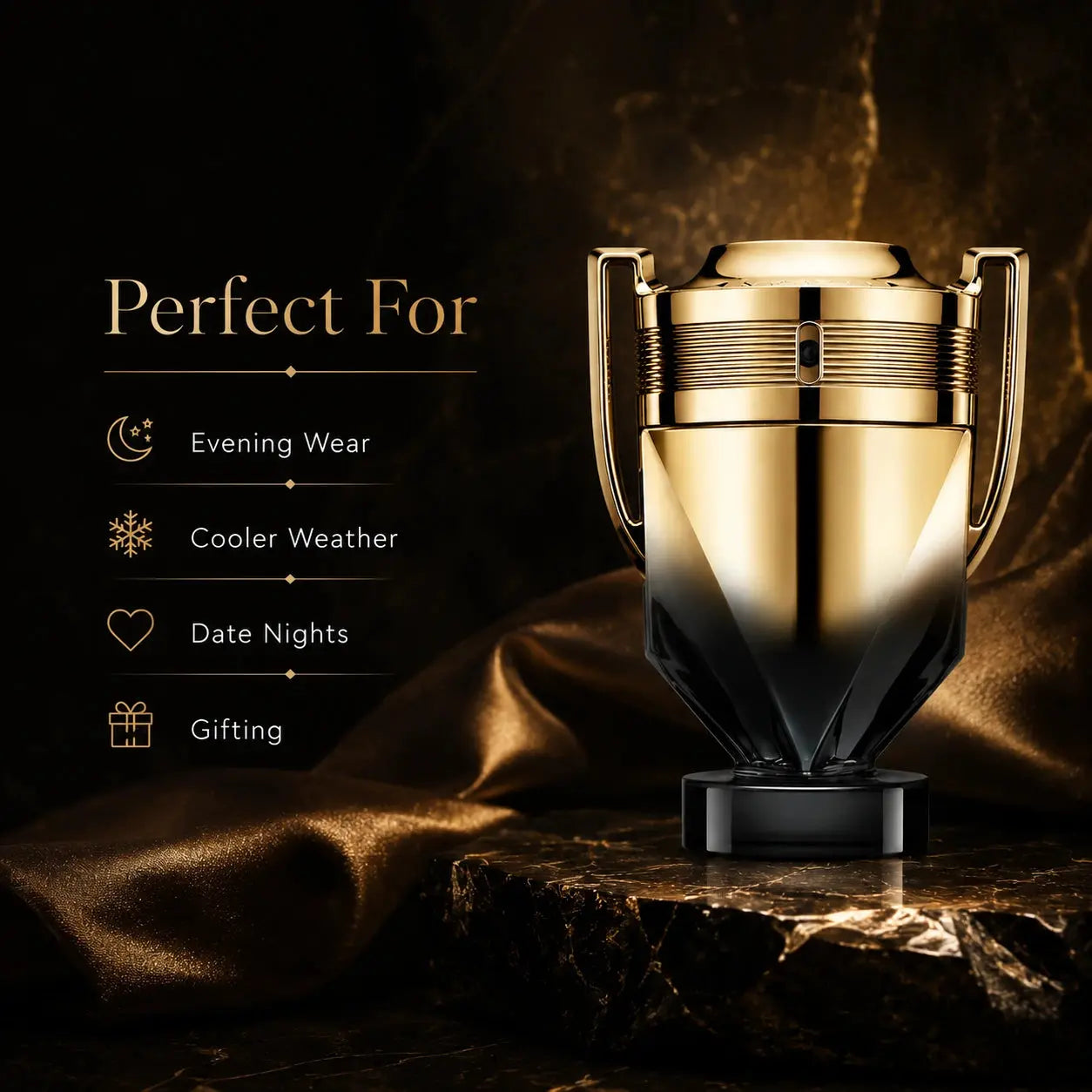 Gold and black decorative item on a dark background with text indicating its uses.