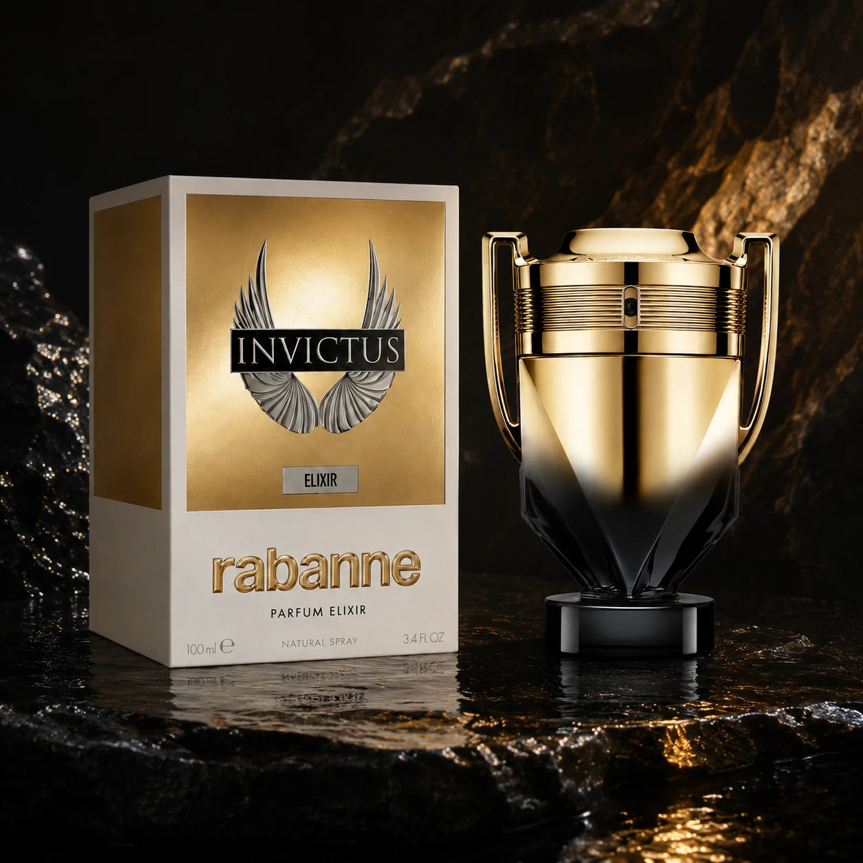 Invictus rabanne perfume bottle and packaging on a dark background