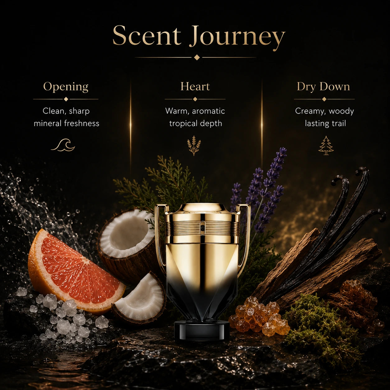 Perfume bottle with ingredients and description of scent journey on a dark background