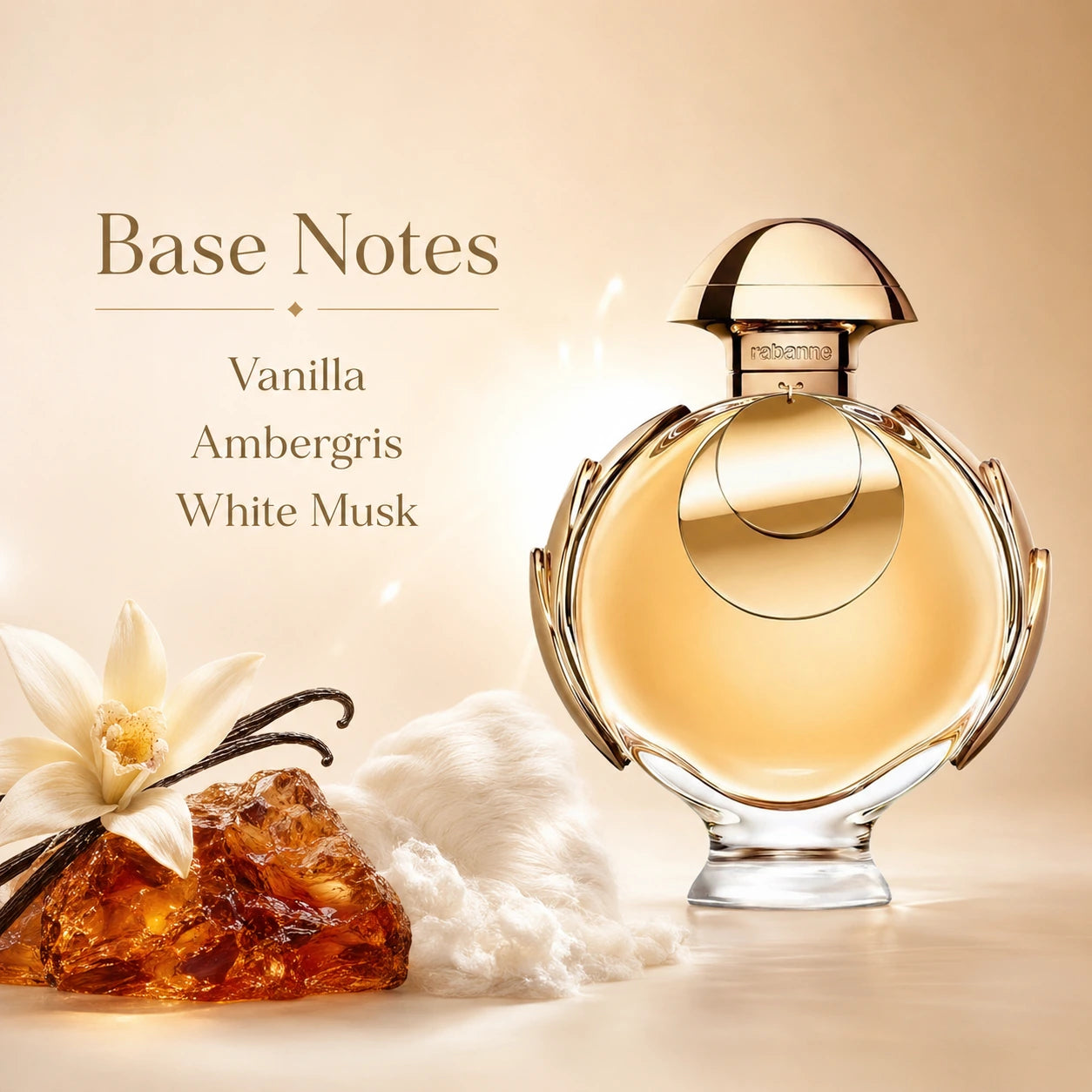 Rabanne Olympea Elixir EDP Intense 50ml base notes visual with a premium luxury fragrance presentation.