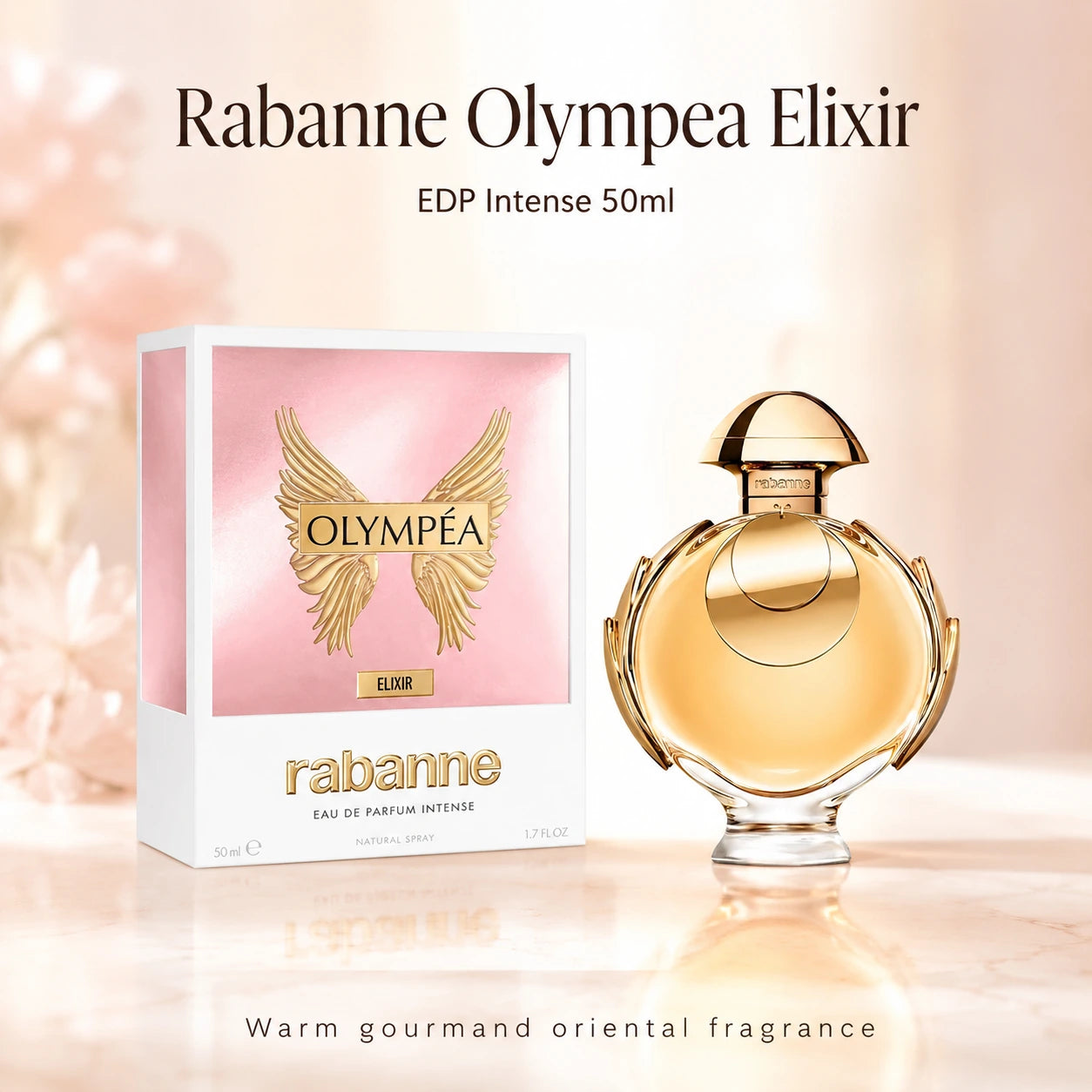 Rabanne Olympea Elixir EDP Intense 50ml in a soft pastel luxury scene with warm golden tones and elegant styling.