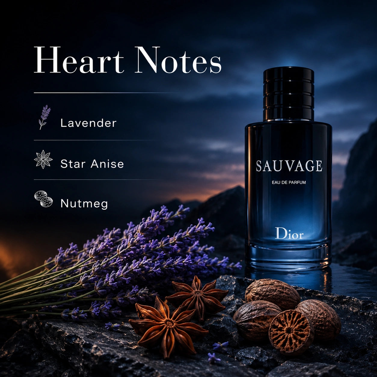 Christian Dior Sauvage heart notes image with lavender, star anise and nutmeg at Gadgets Online NZ