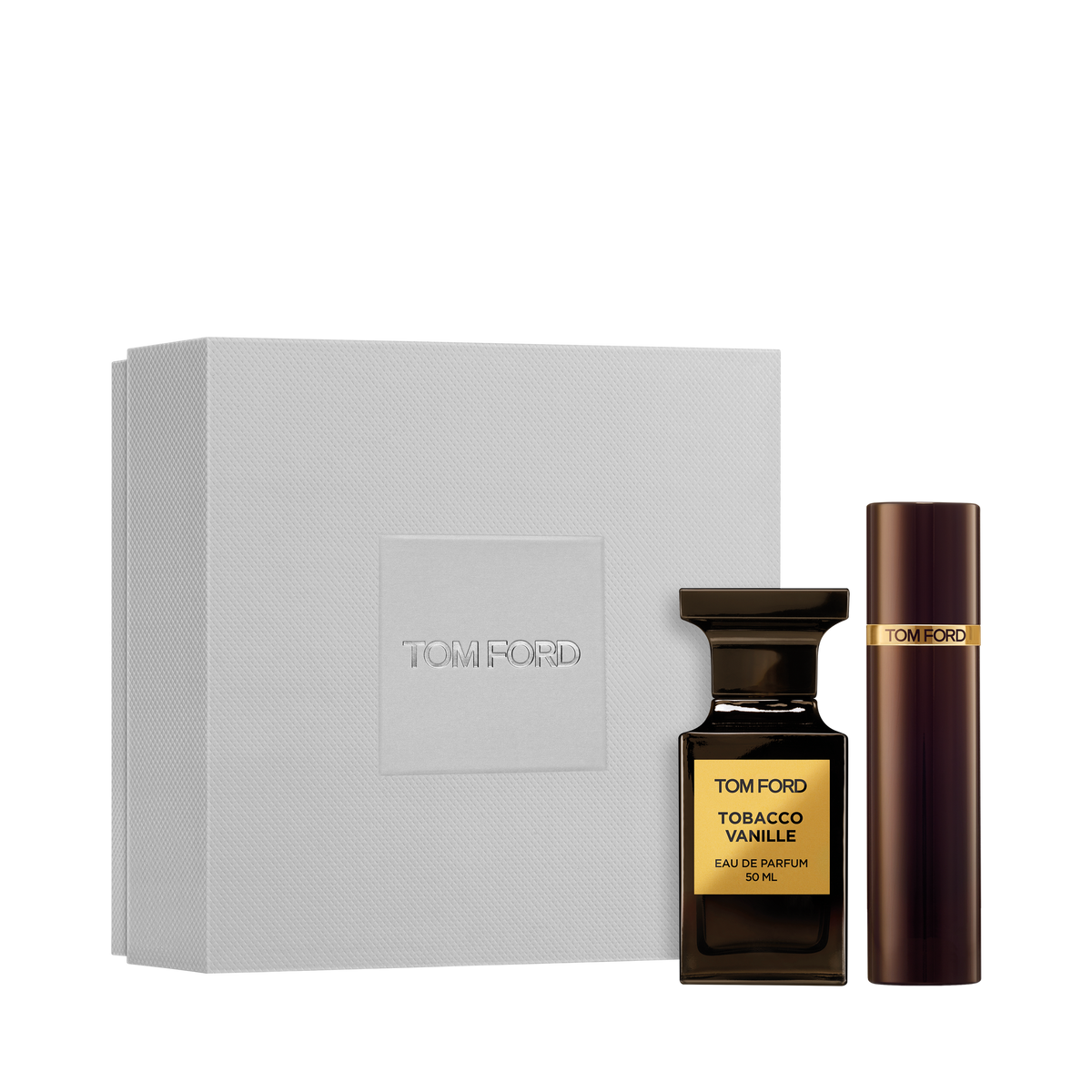 Tom Ford Tobacco Vanille gift set — 50ml bottle, 10ml travel spray and white gift box