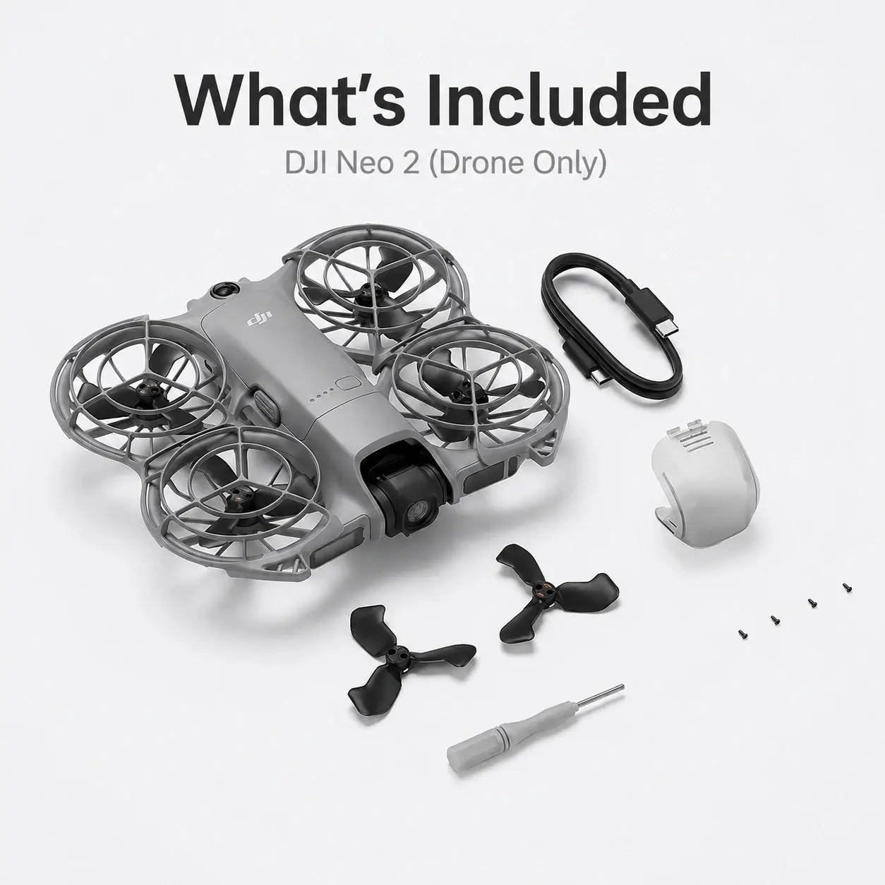 DJI Neo 2 drone with accessories on a white background