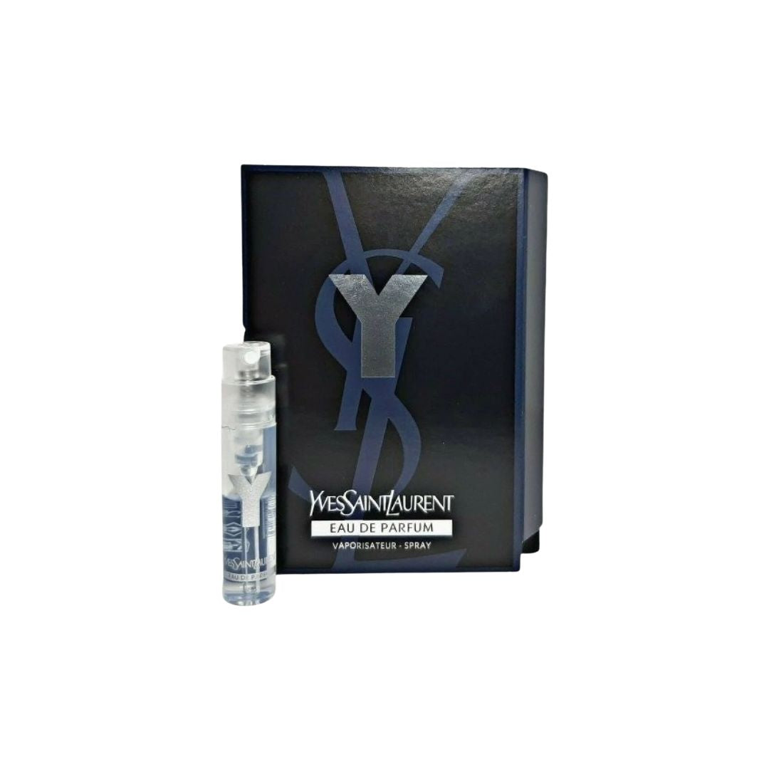 YSL Y Eau de Parfum 1.2ml sample vial on carding, a fresh and woody designer fragrance for men.